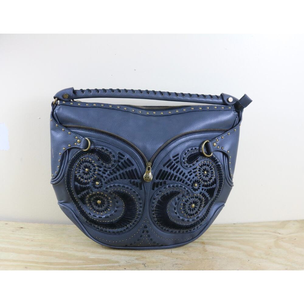 Vintage House of Dereon Hobo Shoulder Bag Gray Leather Studs Laser Cut Appliqué